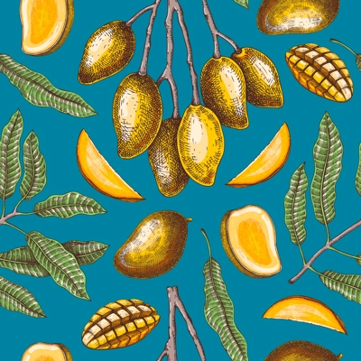 Tropical fruit seamless pattern. Ripe mango sketch. Hand-drawn vector illustration. Exotic plant background. Collage style design. NOT AI generated